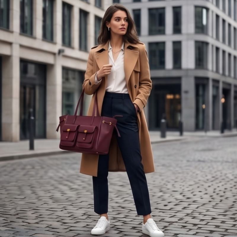 Luxury Elegant Double Pocket Leather Tote Bag