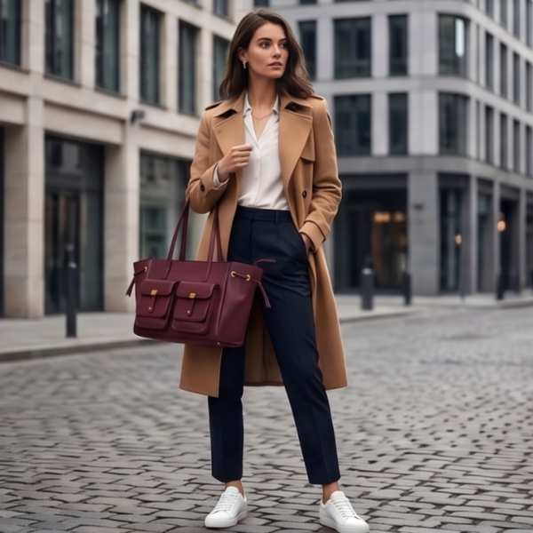 Luxury Elegant Double Pocket Leather Tote Bag - Burgundy