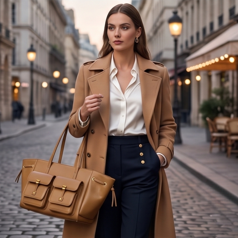 Luxury Elegant Double Pocket Leather Tote Bag