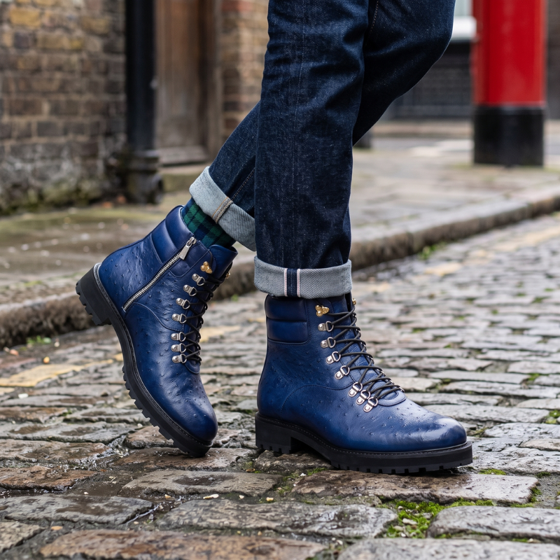 Luxury Ostrich Texture Lace-Up Ankle Boots