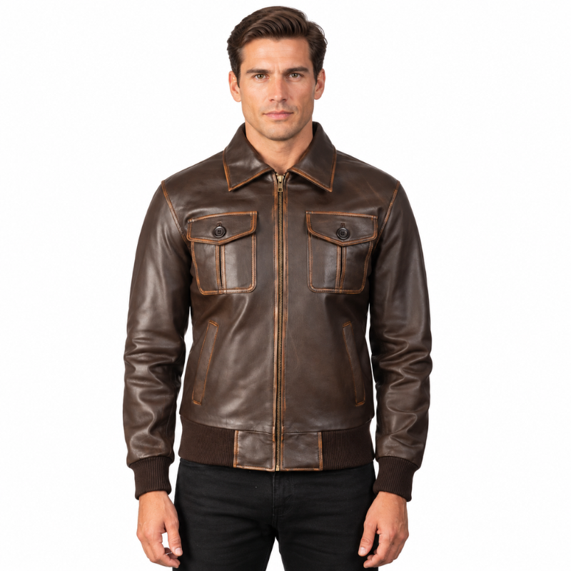 Men Solid Aaron Leather Bomber Jacket