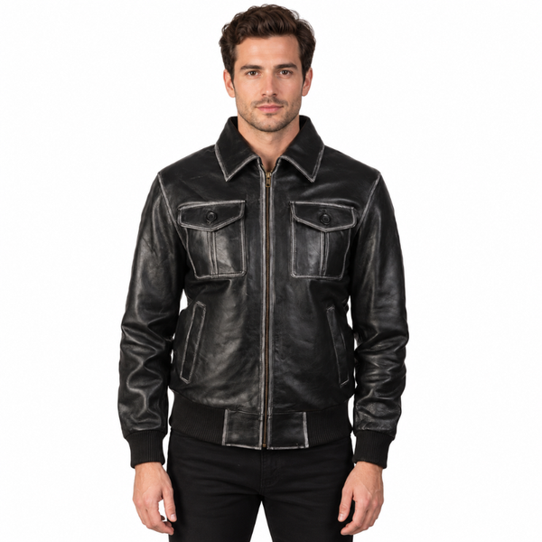 Men Solid Aaron Leather Bomber Jacket