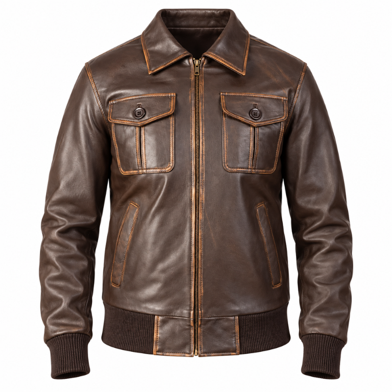 Men Solid Aaron Leather Bomber Jacket