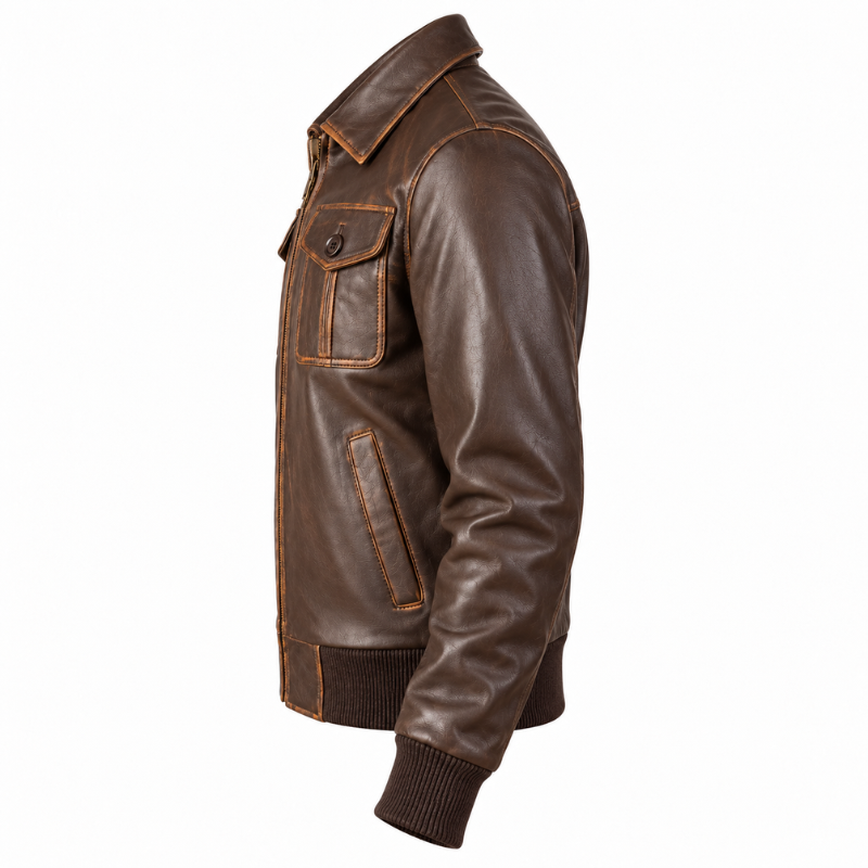 Men Solid Aaron Leather Bomber Jacket