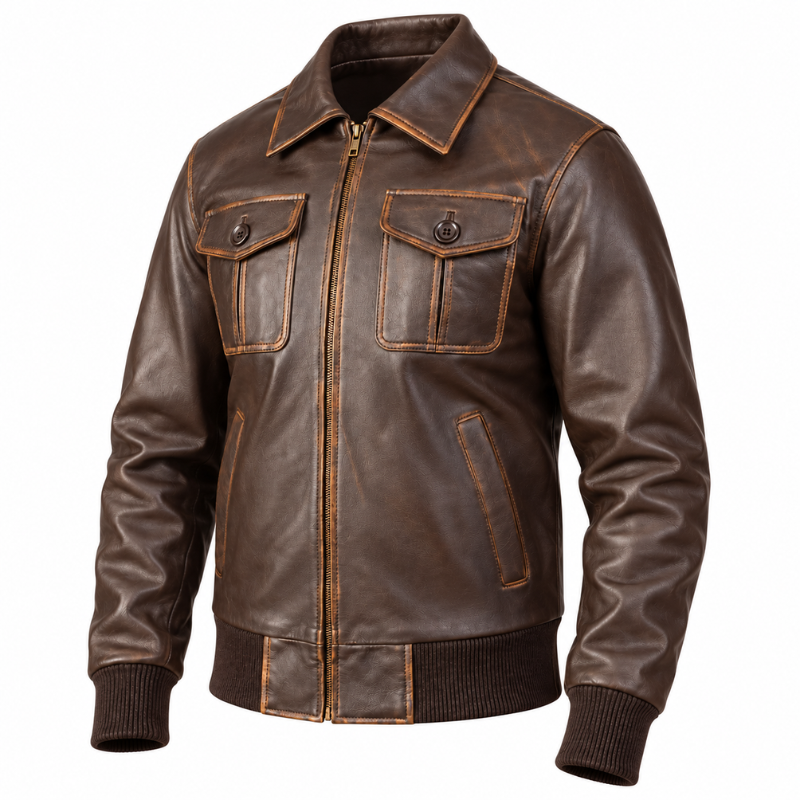 Men Solid Aaron Leather Bomber Jacket