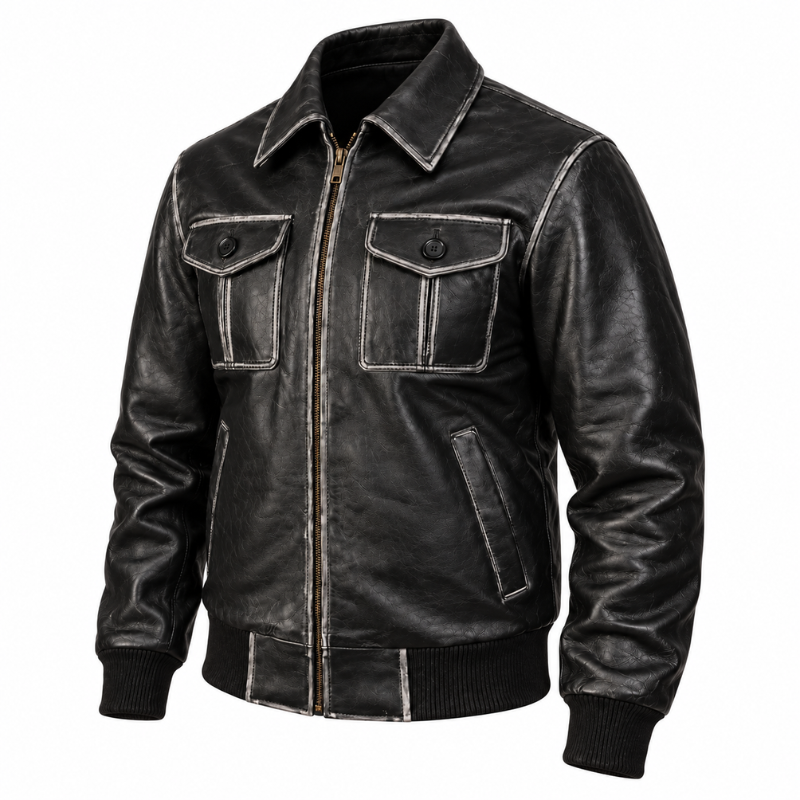 Men Solid Aaron Leather Bomber Jacket