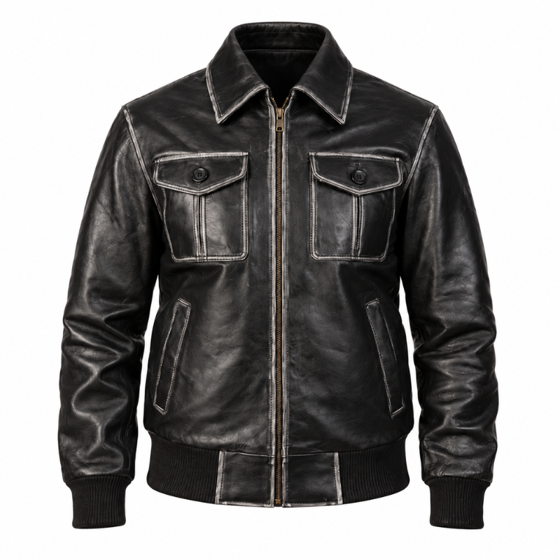Men Solid Aaron Leather Bomber Jacket