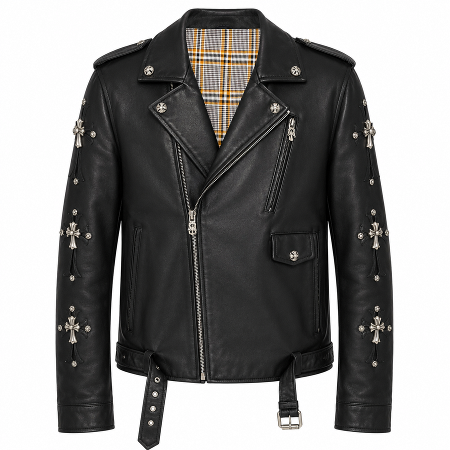 Men's Gothic Cross Leather Biker Jacket