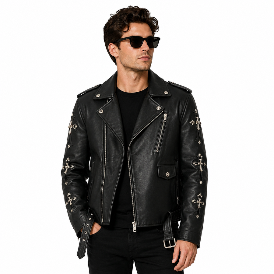 Men's Gothic Cross Leather Biker Jacket