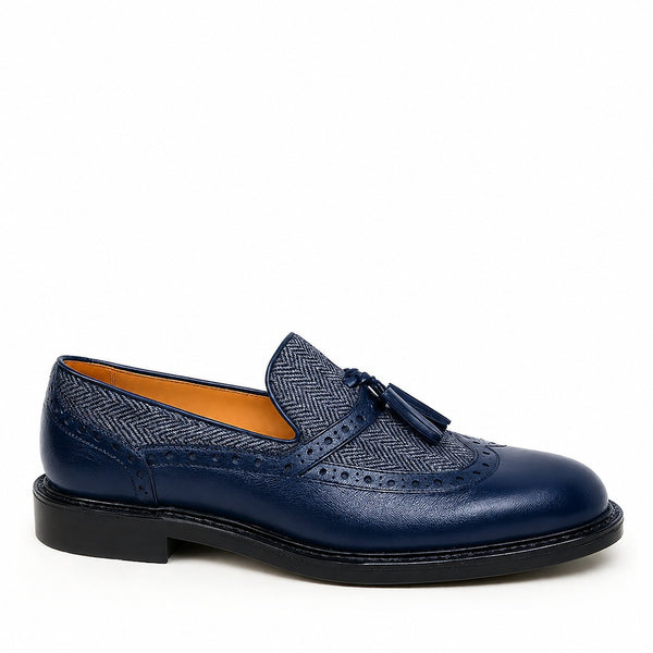 Mens Leather Tassel Loafer with Dual Textured Elegance - Blue