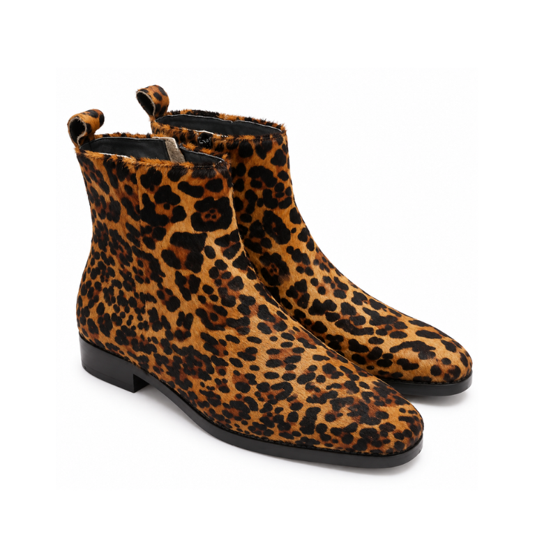 Men's Leopard Print Wild Elegance Rounded Toe Boot with Mid Block Heel