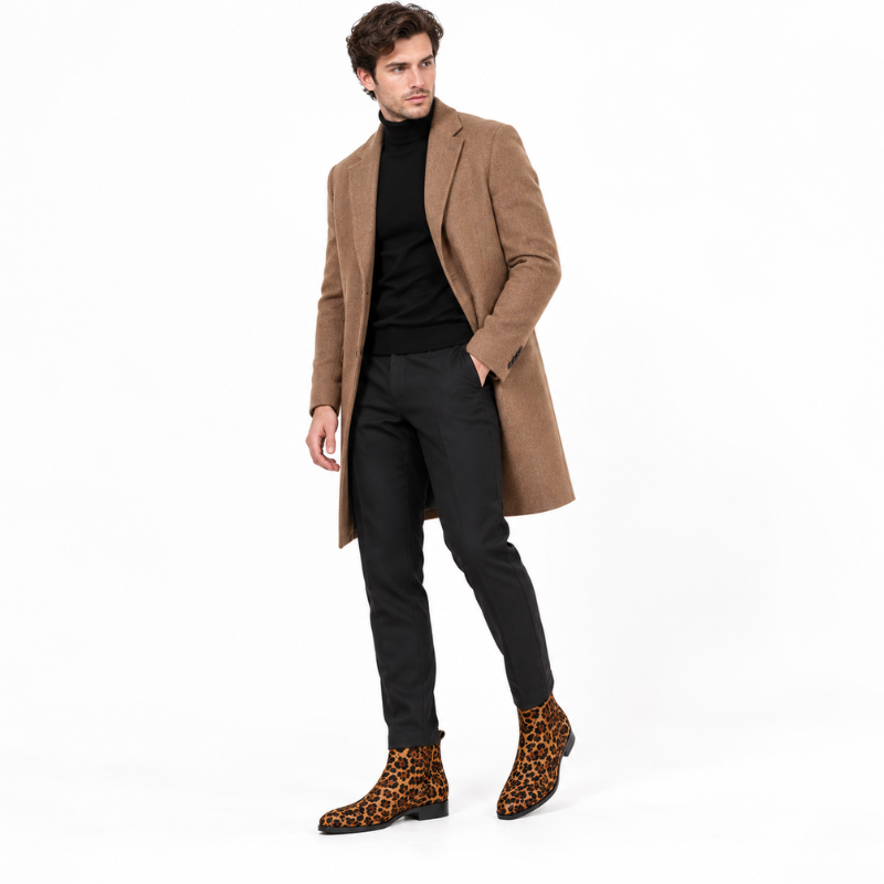 Men's Leopard Print Wild Elegance Rounded Toe Boot with Mid Block Heel
