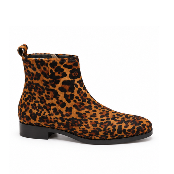 Men's Leopard Print Wild Elegance Rounded Toe Boot with Mid Block Heel
