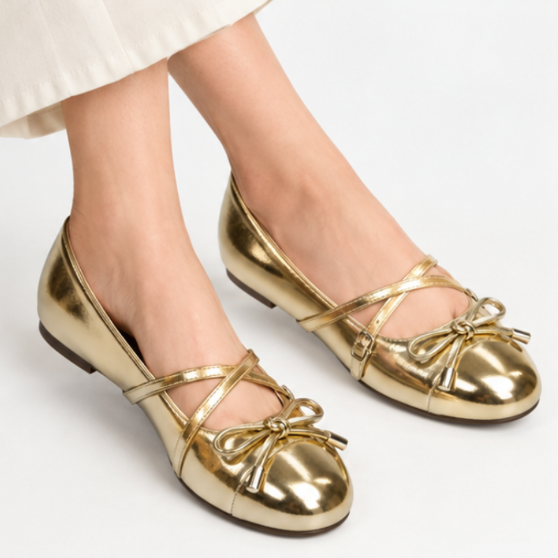 Metallic Bow Strap Ballet Flats