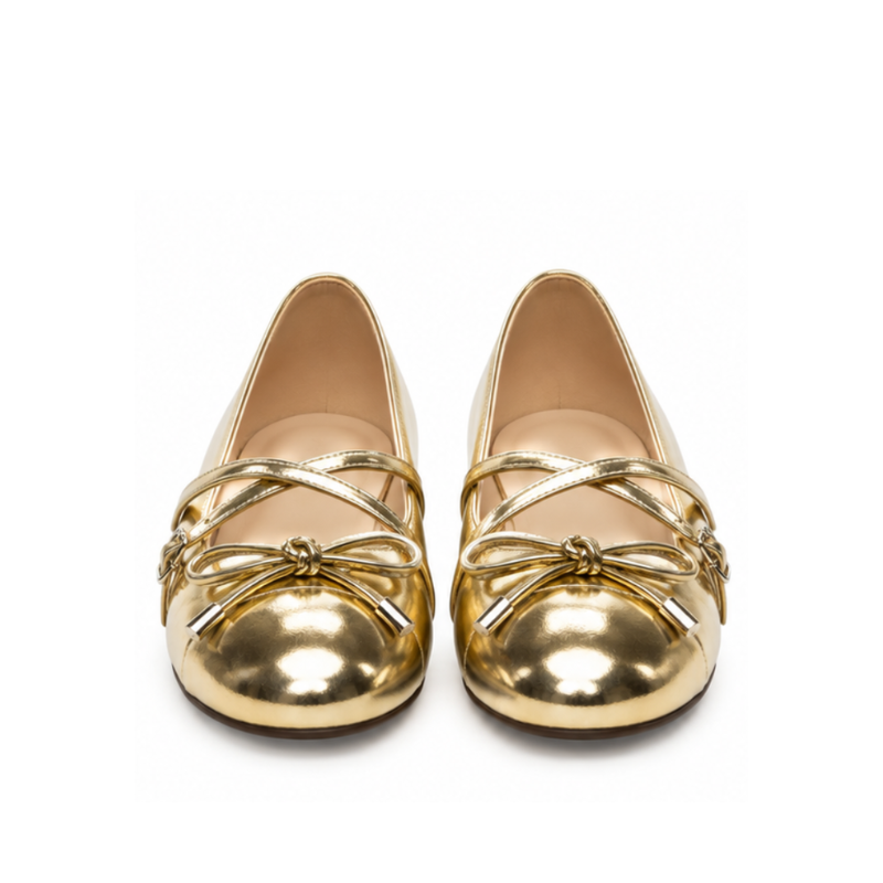 Metallic Bow Strap Ballet Flats