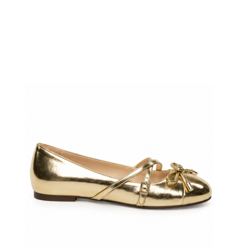 Metallic Bow Strap Ballet Flats