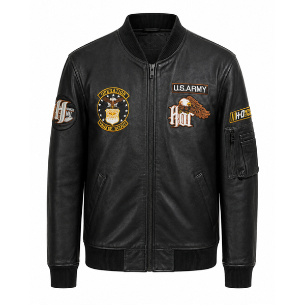 Military Patch Leather Bomber Jacket