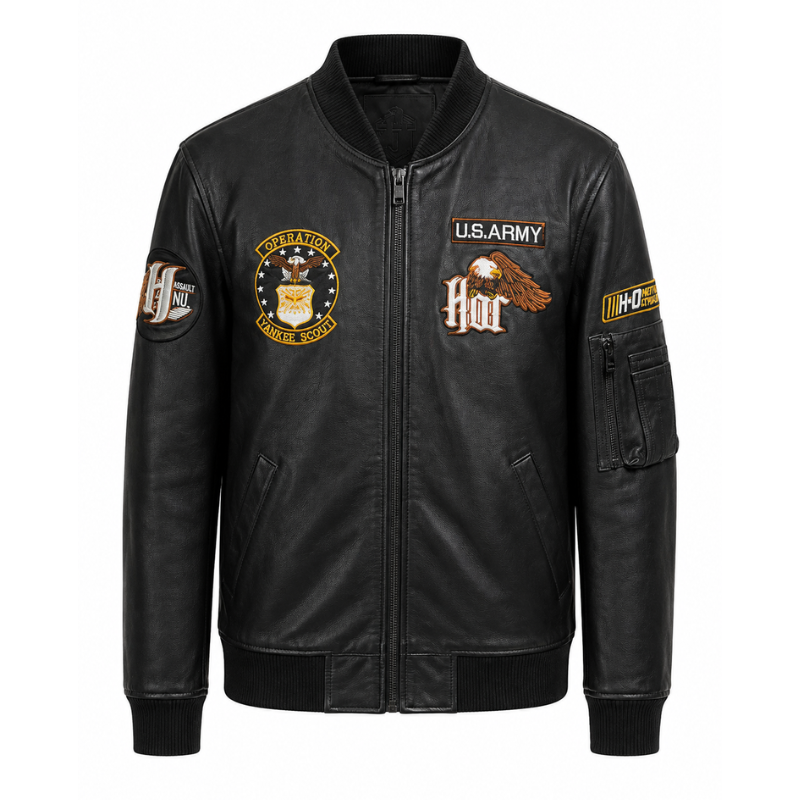Military Patch Leather Bomber Jacket