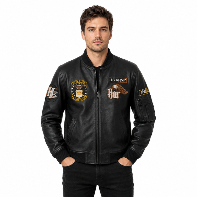 Military Patch Leather Bomber Jacket