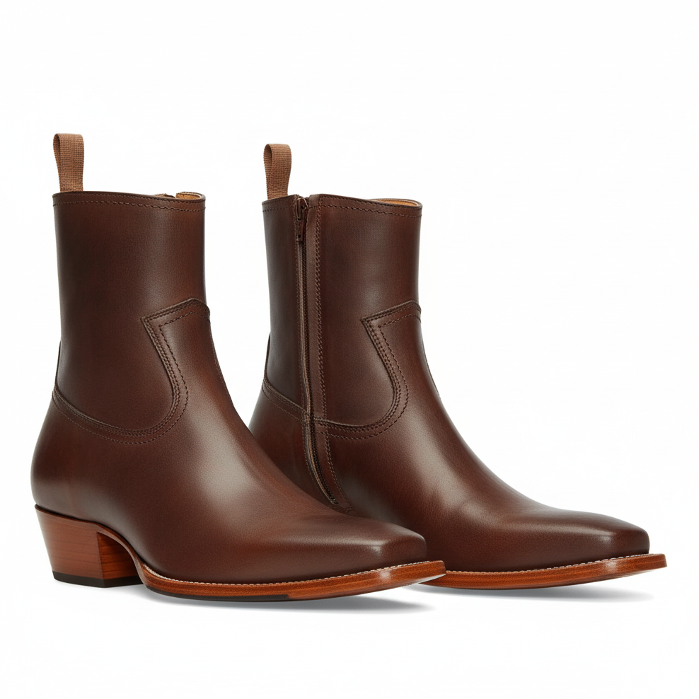 Side Zip Western Boot - Brown Hand-Dyed Leather