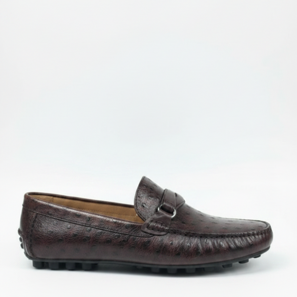 Ostrich Pattern Textured Italian Leather Loafers - Brown