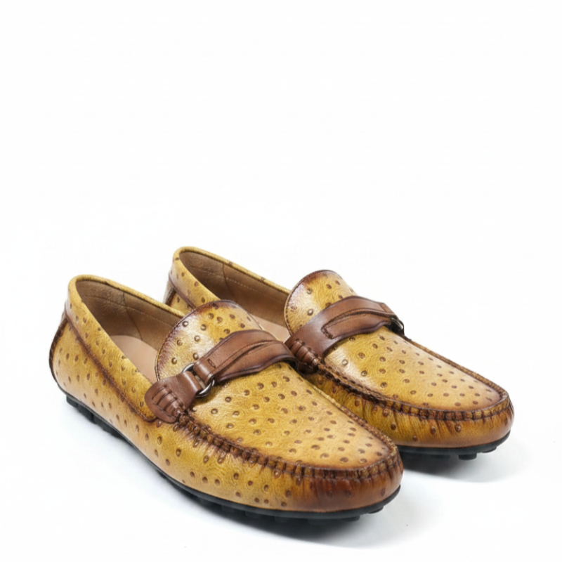 Ostrich‑pattern Textured Italian Leather Loafers