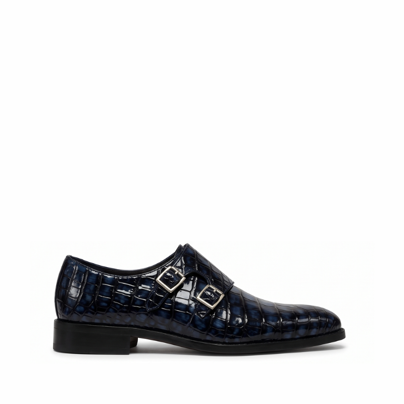 Patent Leather Double Monk Strap Shoes - Navy Blue