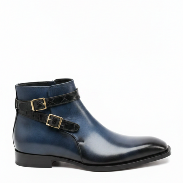Polished Gradient Leather Ankle Boots With Gold Buckle Straps