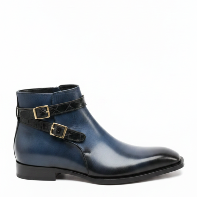 Polished Gradient Leather Ankle Boots With Gold Buckle Straps