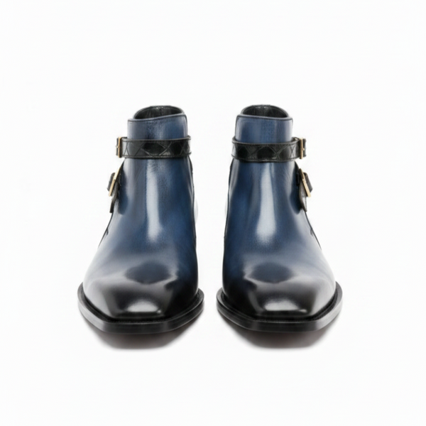 Polished Gradient Leather Ankle Boots With Gold Buckle Straps