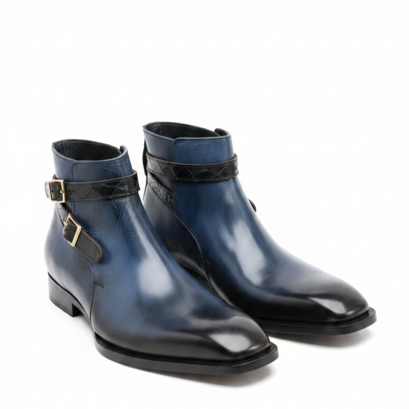 Polished Gradient Leather Ankle Boots With Gold Buckle Straps