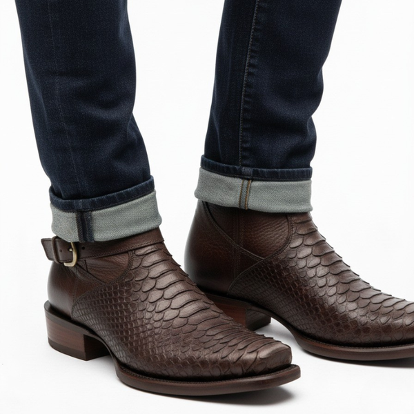 Python Pattern Buckle Strap Cowboy Boots