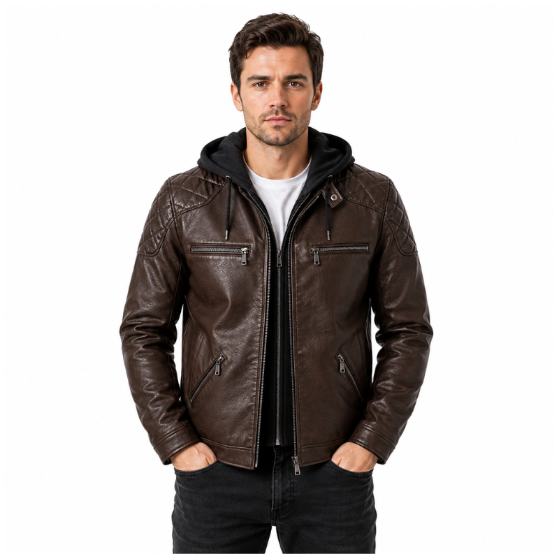 Quilted Hooded Leather Biker Jacket