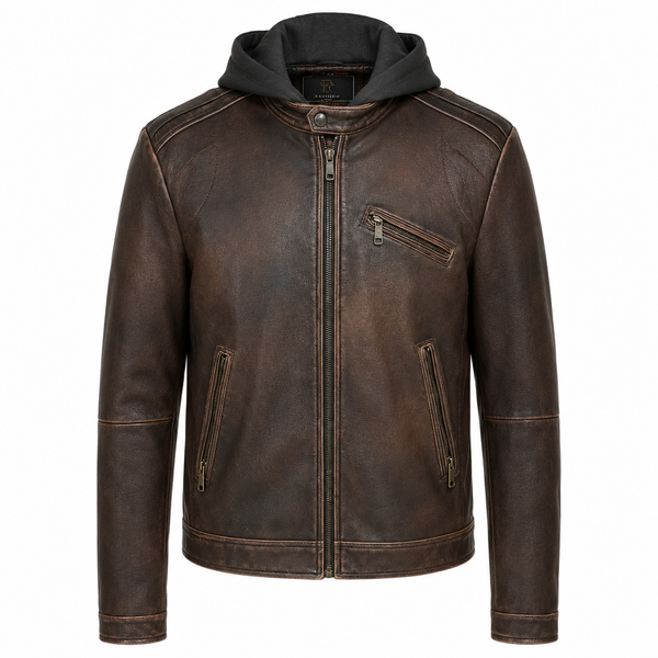 Ravenhide Vintage Hooded Leather Racer Jacket