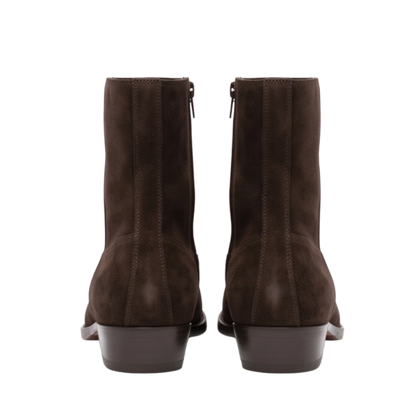 Side Zipper Western Suede Leather Stacked Heel Boot
