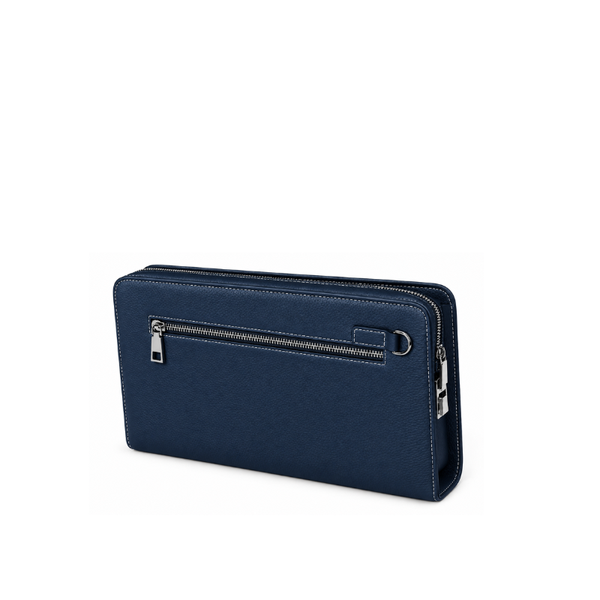 Single Zipper Luxury Leather Clutch - Navy Blue