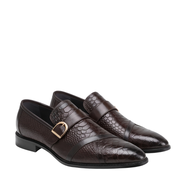 Snake Textured Single Buckle Monk Strap Shoes