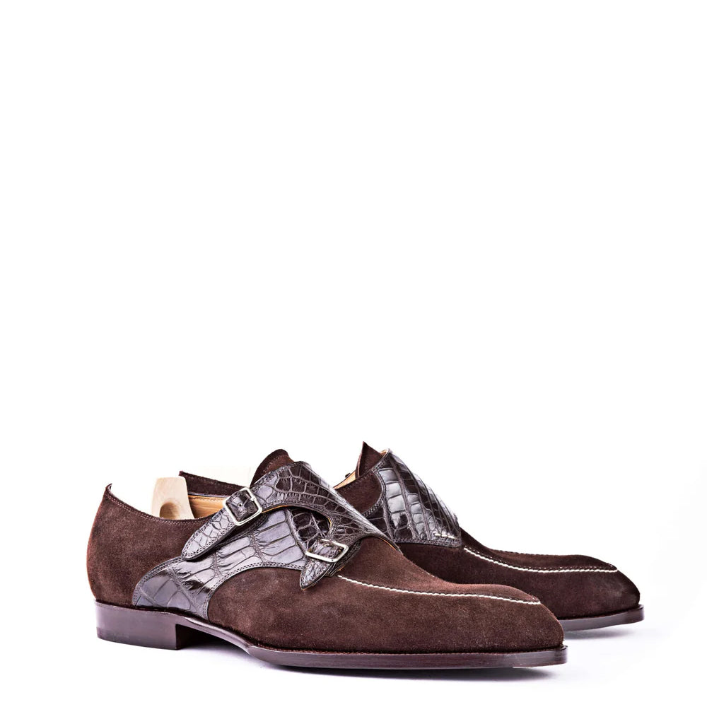 Suede Leather Croc Print Double Monk Strap Shoes