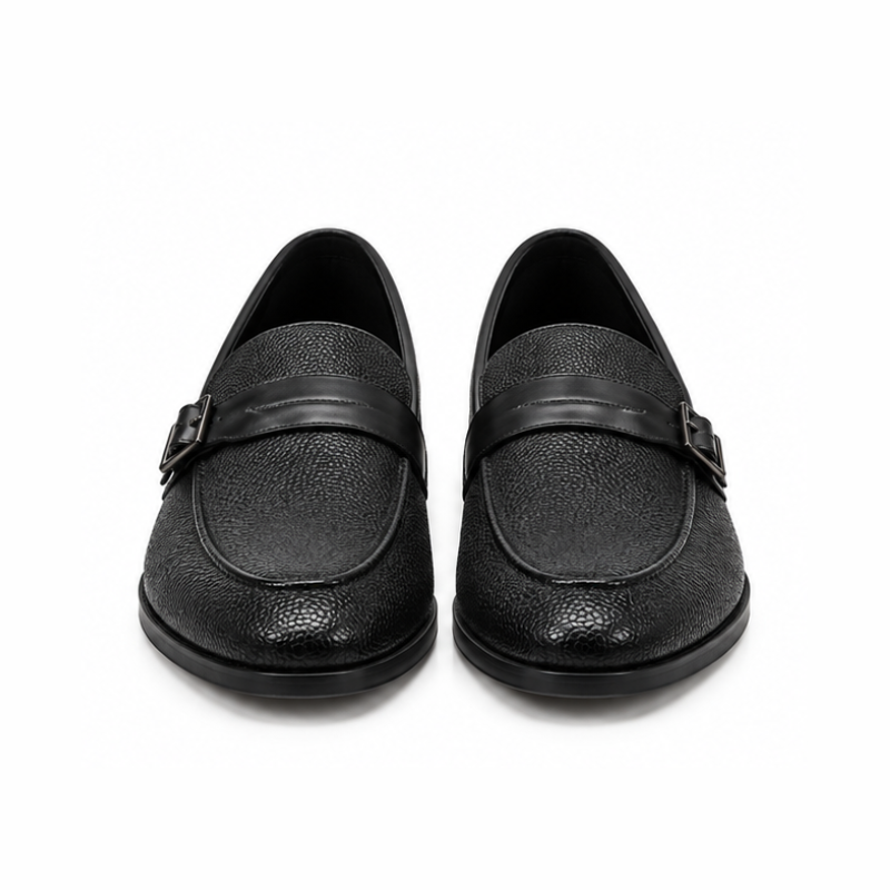 Torino Noir Textured Leather Buckle Loafers