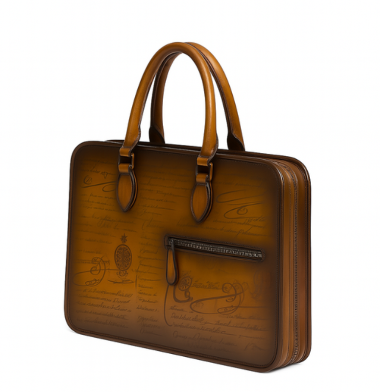 Luxury Handcrafted Printed Leather Chocolate Brown Briefcase