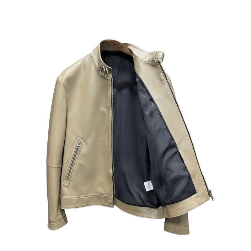 Classic Leather Stand Collar Biker Jacket