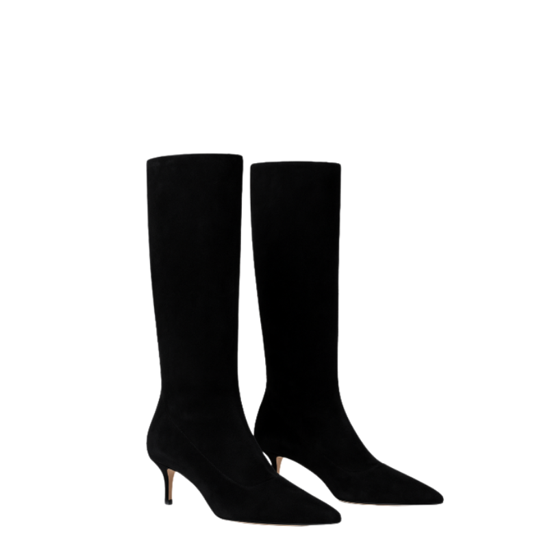 Premium Black Knee High Kitten Heel Square Toe Tall Leather Boots for Women's