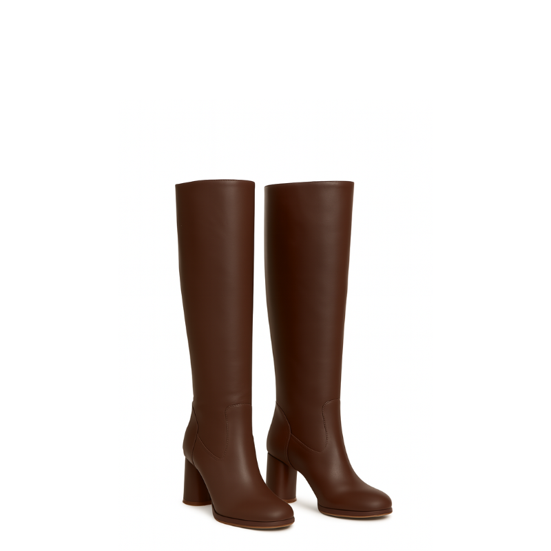Women's Leather Solid Block Heel Long Boots
