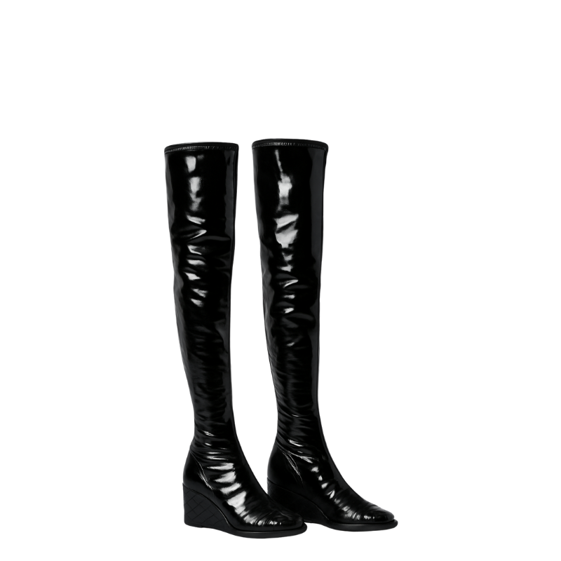 Women's Leather Black Luxury Over the Knee High Boots with Wedge Heel