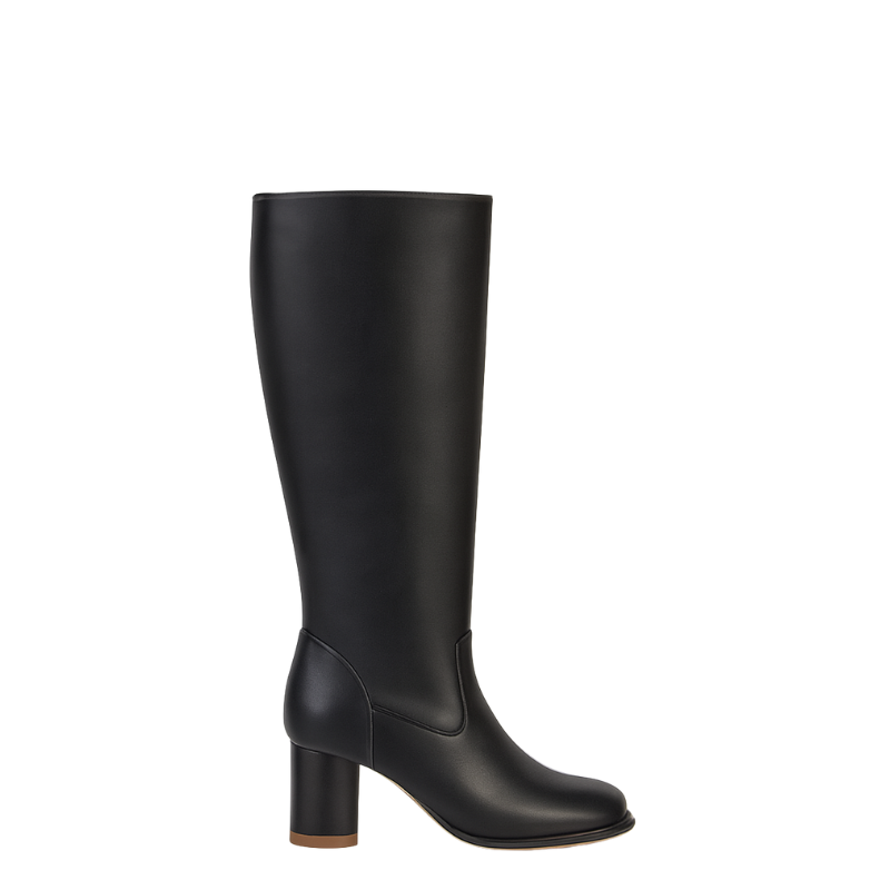 Women's Leather Black Solid Block Heel Long Boots