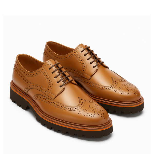 Luxury Shiny Leather Brogue Wingtip Shoe - Tan