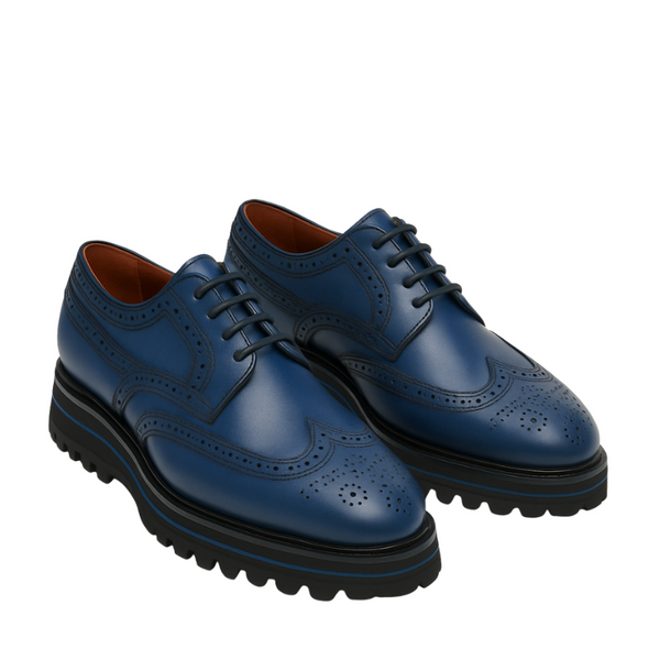 Luxury Shiny Leather Brogue Wingtip Shoe - Blue