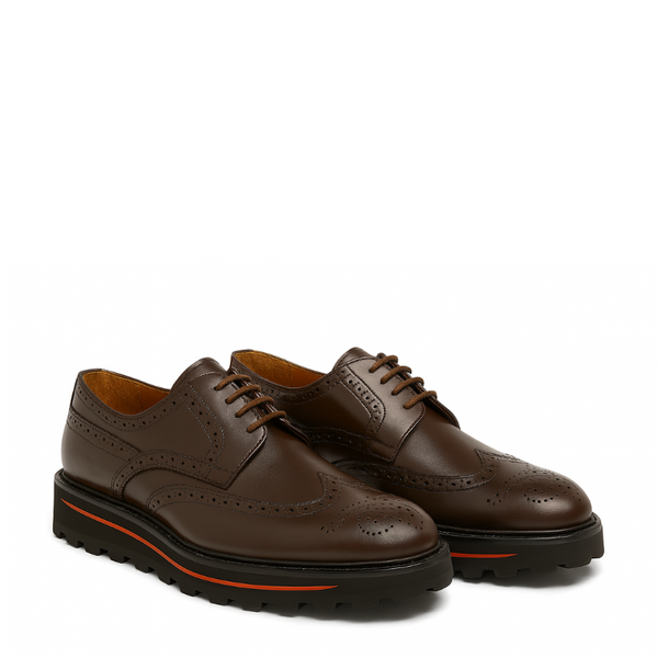 Luxury Shiny Leather Brogue Wingtip Shoe - Chocolate Brown