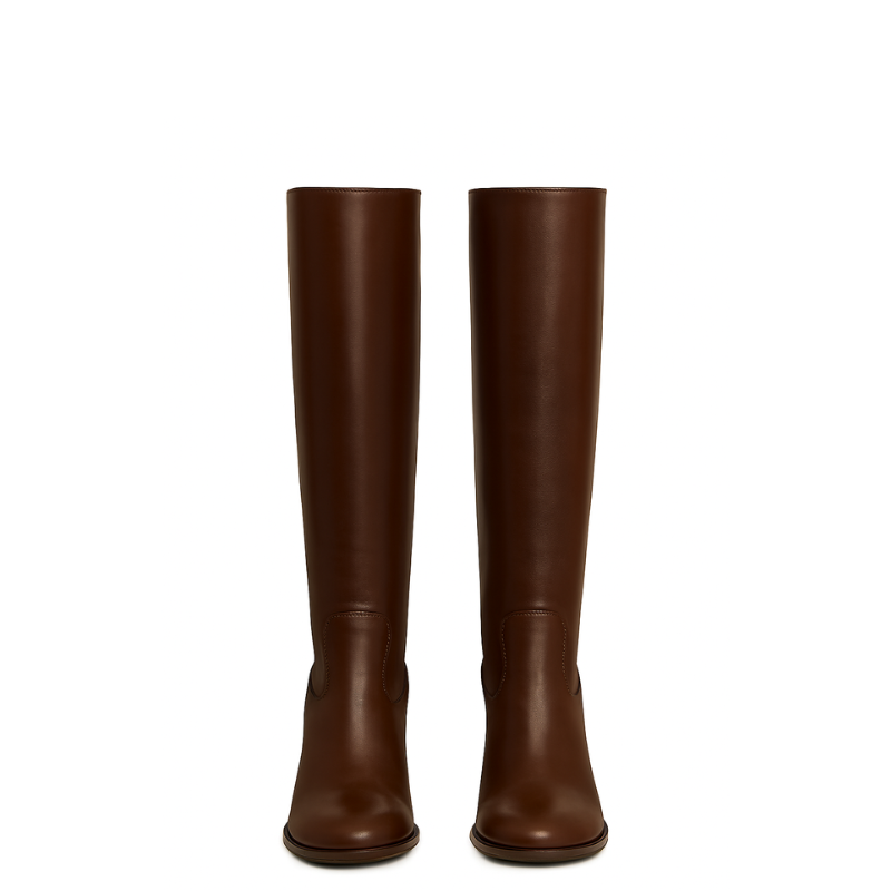 Women's Leather Brown Solid Block Heel Long Boots