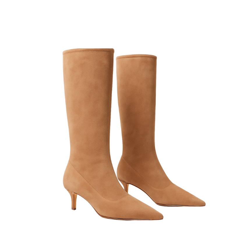 Premium Brown Knee High Kitten Heel Square Toe Tall Leather Boots for Women's